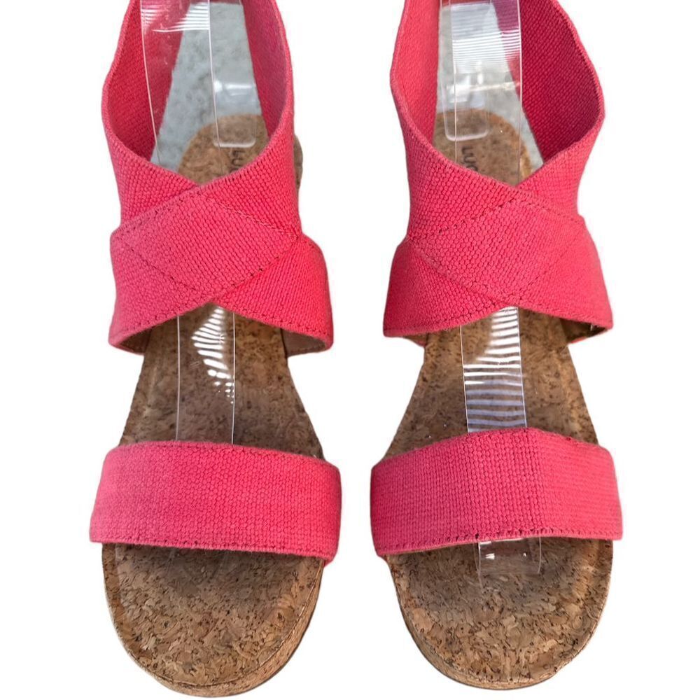 Lucky Brand Mariwah Gladiator Sandals Strappy Stretchy Wedge Coral 4.5" Heel